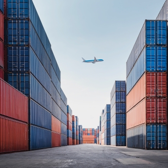 Ein Flugzeug fliegt über Transport-Container eines Frachthafens