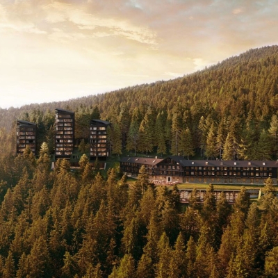 Ein Hotelkomplex in einem Wald