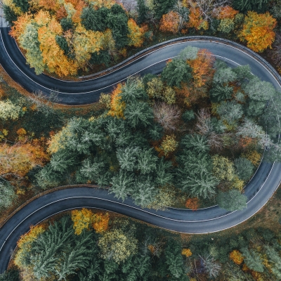 Kurvige Strasse im Herbst. Bayerische Alpen.