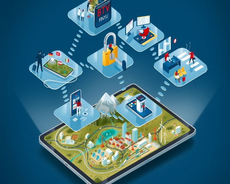 Illustration, auf der ein Tablet mit Landschaft sowie sieben Elemente zu sehen sind, die wichtige Aspekte eines Business Bankings darstellen.
