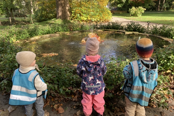 3 Kinder sehen sich einen Teich an