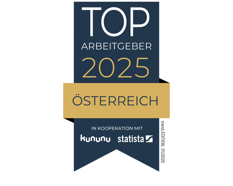Ein dunkelblaues Siegel mit folgendem Text: trend. TOP Arbeitgeber 2025 Österreich in Kooperation mit kununu, statista