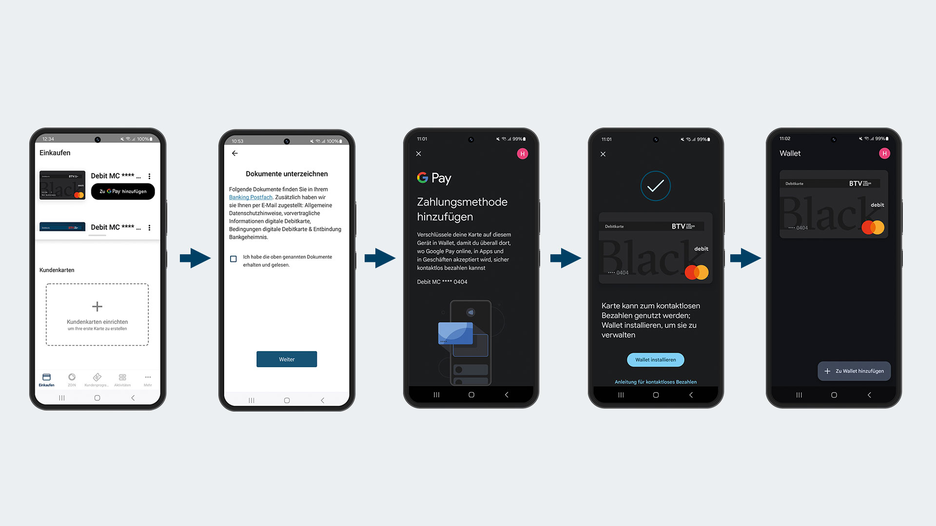 Anleitung, wie Google Pay am Smartphone eingerichtet wird. Darstellung auf fünf Smartphone Screens, die alle einen der individuellen Prozessschritte zeigen