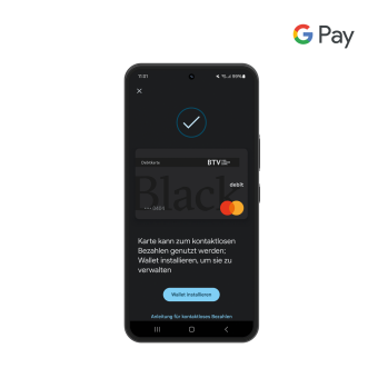 Debitkarte in der Wallet am Smartphone abgebildet mit folgendem Hinweis: Karte kann zum kontaktlosen Bezahlen genutzt werden; Wallet installieren, um sie zu verwalten