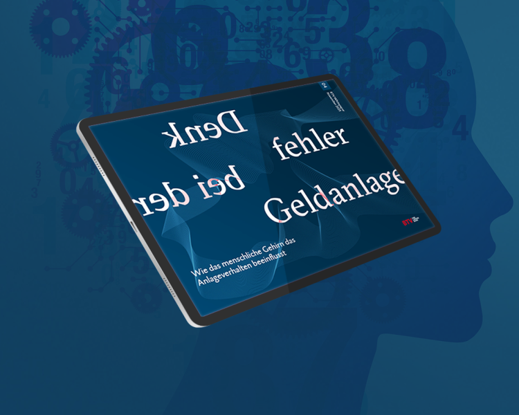 Ein grafische Darstellung eines iPads. Im Bild des Gerätes ist zu lesen: "Denkefehler bei der Gedlanlage, Wie das Menschliche Gehirn das Anlageverhalten beeinflust."