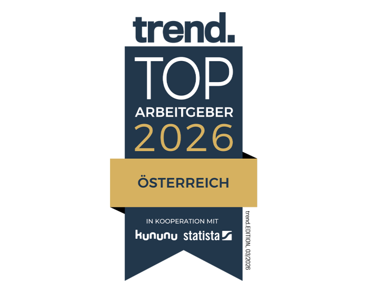Ein dunkelblaues Siegel mit folgendem Text: trend. TOP Arbeitgeber 2026 Österreich in Kooperation mit kununu, statista