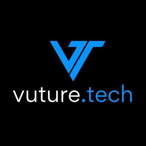 Logo von vuture.tech auf schwarzem Hintergrund. Das Logo ist ein blaues v, das rechts die Form eines T hat. Darunter steht vuture.tech geschrieben