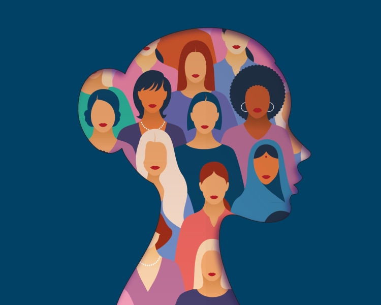 Eine Grafik, die aus mehreren Frauenköpfen besteht. Die Frauenköpfe bilden gemeinsam einen großen Frauenkopf. Die Grafik ist bunt und wird auf einem dunkelblauen Hintergrund dargestellt.
