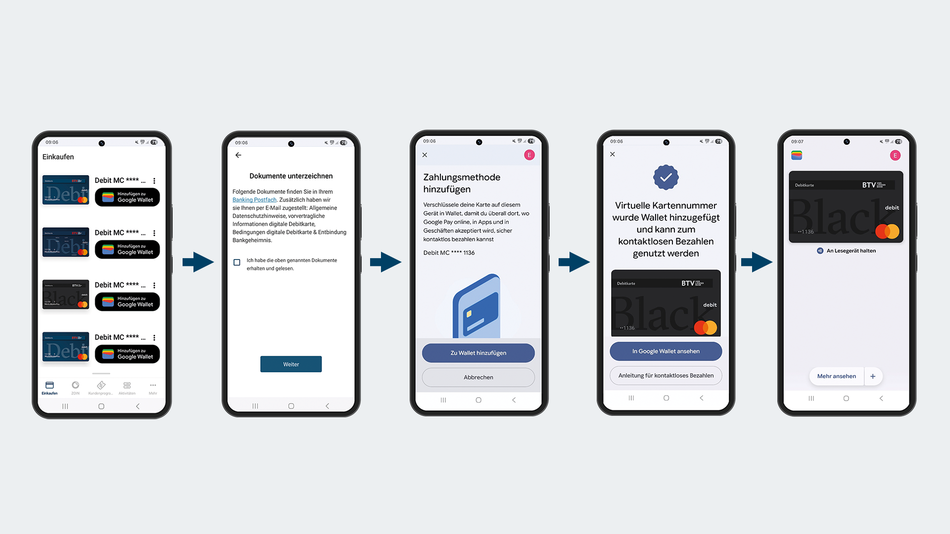 Eine Grafik mit den fünf Schritten, wie man die BTV Debitkarte für Google Pay aktiviert, dargestellt in fünf Mobiltelefon-Screens: 1. Öffnen Sie die BTV Wallet App auf Ihrem Android-Gerät: Der Screen zeigt Debitkarten in einer Wallet mit Buttons daneben mit dem Text: Hinzufügen zu Google Wallet. 2. Der Screen zeigt den Text: Folgende Dokumente finden Sie in Ihrem Banking Postfach. Zusätzlich haben wir sie Ihnen per E-Mail zugestellt: Allgemeine Datenschutzhinweise, vorvertragliche Informationen digitale Debitkarte, Bedingungen digitale Debitkarte & Einbindung Bankgeheimnis. Darunter im Screen muss ein Kontrollkästchen angeklickt werden mit dem Text: Ich habe die oben genannten Dokumente erhalten und gelesen. Am untersten Ende des dargestellten Screens befindet sich ein Button mit dem Text: Weiter. 3. Zahlungsmethode hinzufügen: Verschlüssele deine Karte auf diesem Gerät in Wallet, damit du überall dort, wo Google Pay online, in Apps und in Geschäften akzeptiert wird, sicher kontaktlos bezahlen kannst. Darunter ist eine Debitkarte abgebildet. Im 4. Screen ist ein Bestätigungs-Haken zu sehen, darunter eine Debitkarte. Unterhalb der Text: Karte kann zum kontaktlosen Bezahlen genutzt werden: Wallet installieren, um sie zu verwalten. Unterhalb ist ein Button mit dem Text: Wallet installieren abgebildet. Unter dem Button wurde folgender Text platziert: Anleitung für kontaktloses Bezahlen. Der Text ist verlinkt. Am 5. Screen wird im Wallet die Debitkarte gezeigt. Ganz unten im Screen erscheint ein Plus-Symbol mit dem Text: Zu Wallet hinzufügen.