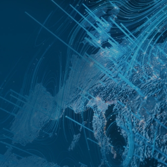 Abstrakte blaue Darstellung einer Weltkarte mit dynamischen Linien und Datenströmen, die globale Vernetzung und Bewegungen an den Kapitalmärkten visualisiert