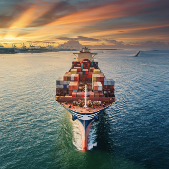 Ein großes Containerschiff fährt aus einem Hafen hinaus, vorbei an Kränen und Lagerflächen.