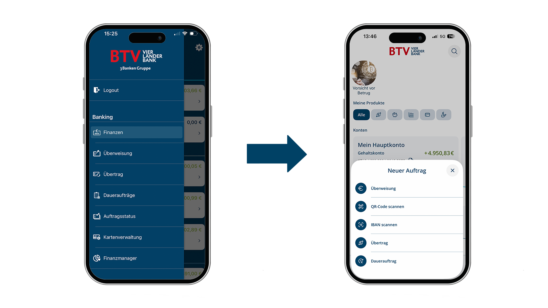 Grafische Vergleichsdarstellung der alten und neuen BTV Banking App mit gegenübergestellten App‑Screens und hervorgehobenen Unterschieden.