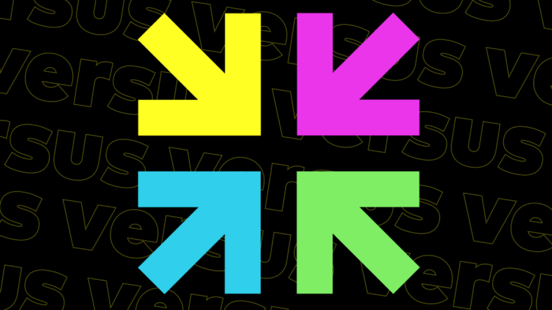 Logo des versus Festivals mit dem Schriftzug „versus – Business. Festival. Spektakel.“; im Hintergrund erscheint das Wort „versus“ mehrfach.