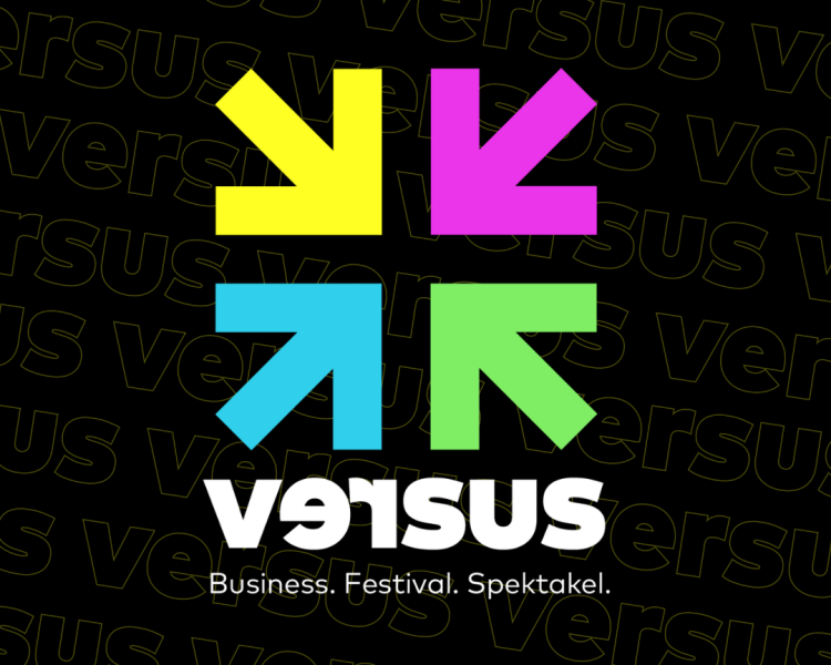 Logo des versus Festivals mit dem Schriftzug „versus – Business. Festival. Spektakel.“; im Hintergrund erscheint das Wort „versus“ mehrfach.