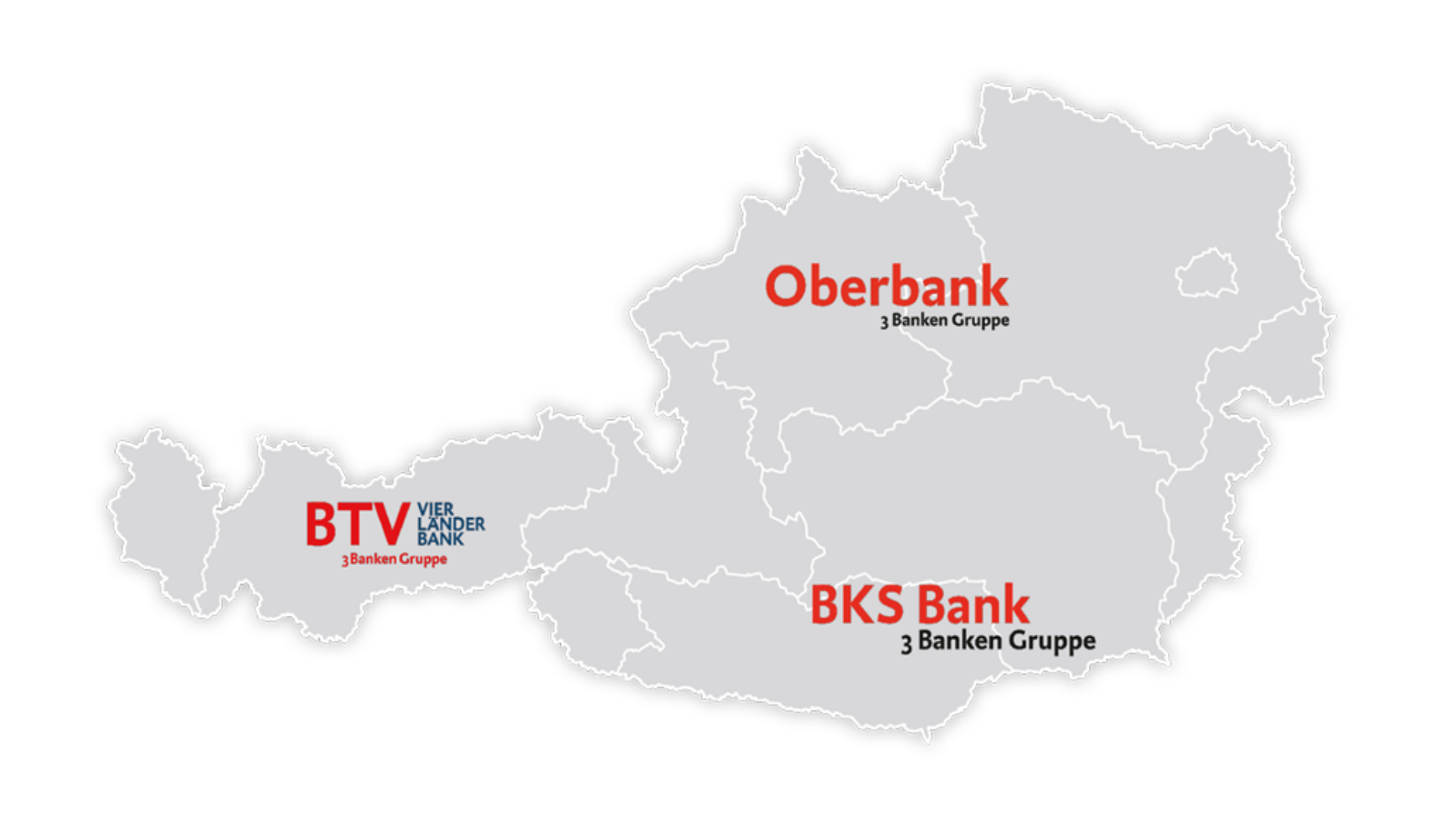 Landkarte von Österreich mit den Logos der BTV, Oberbank und BKS Bank, um deren Marktgebiet zu visualisieren
