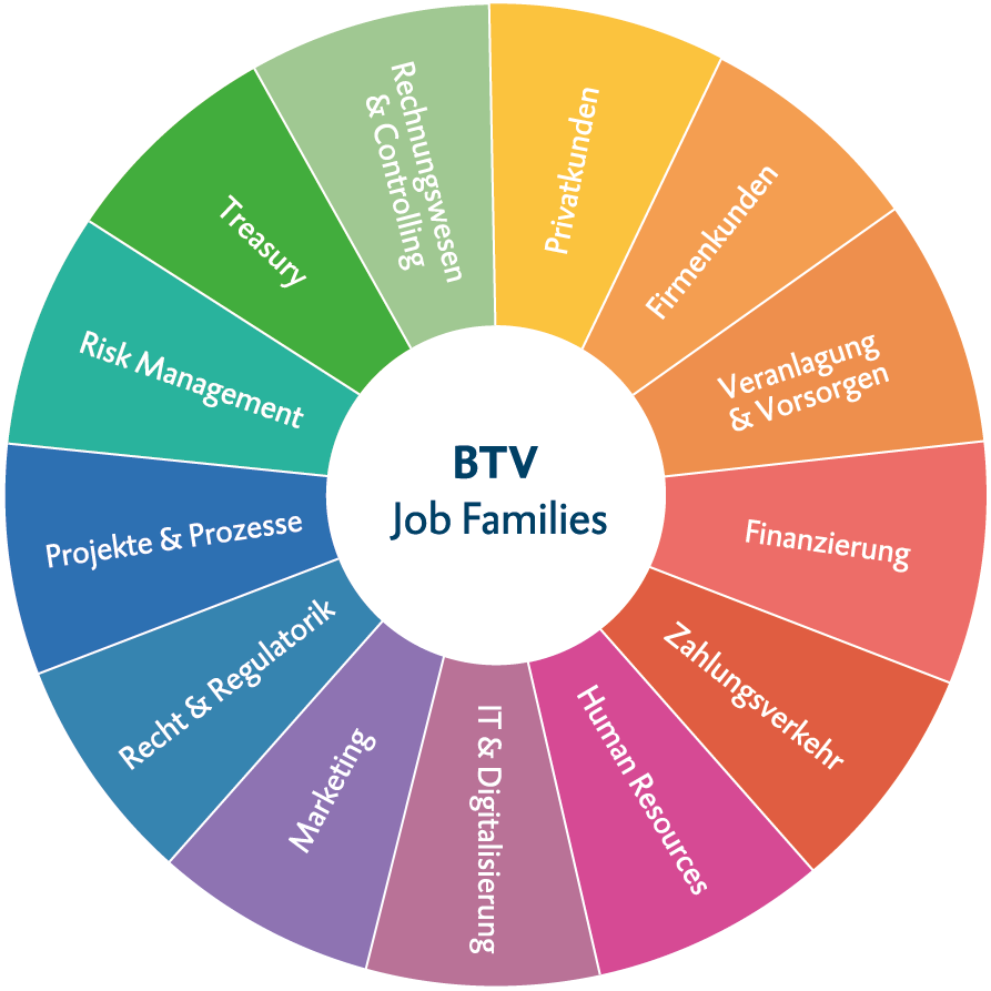Infografik BTV Job Families: Interessensgebiete für Bank Jobs