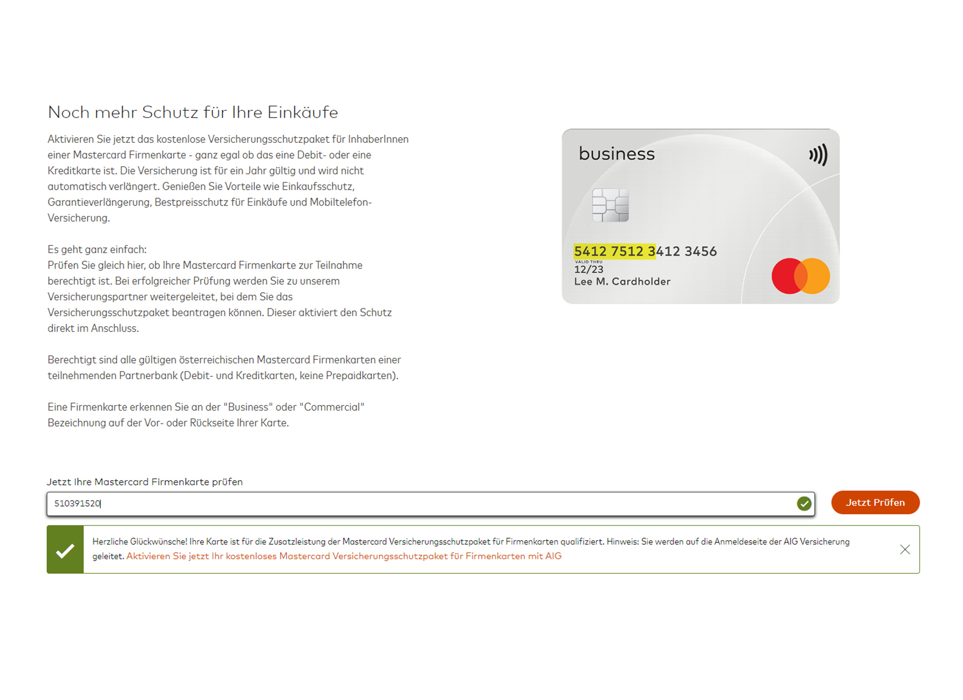 Anleitung für die Aktivierung von Mastercard Versicherungsschutzpaket für Firmenkunden