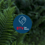 Bild mit dem BTV fair future Logo in der Mitte, bestehend aus einem blauen Kreis mit zwei Händen im Zentrum und dem Schriftzug BTV fair future darunter. Im Hintergrund sind Farne zu sehen.