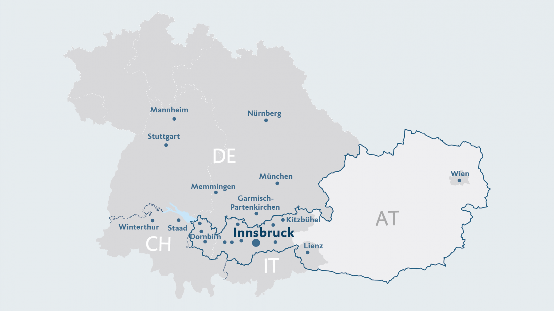 Ländergrafik mit dem BTV Marktgebiet in Österreich, Süddeutschland und der Ostschweiz