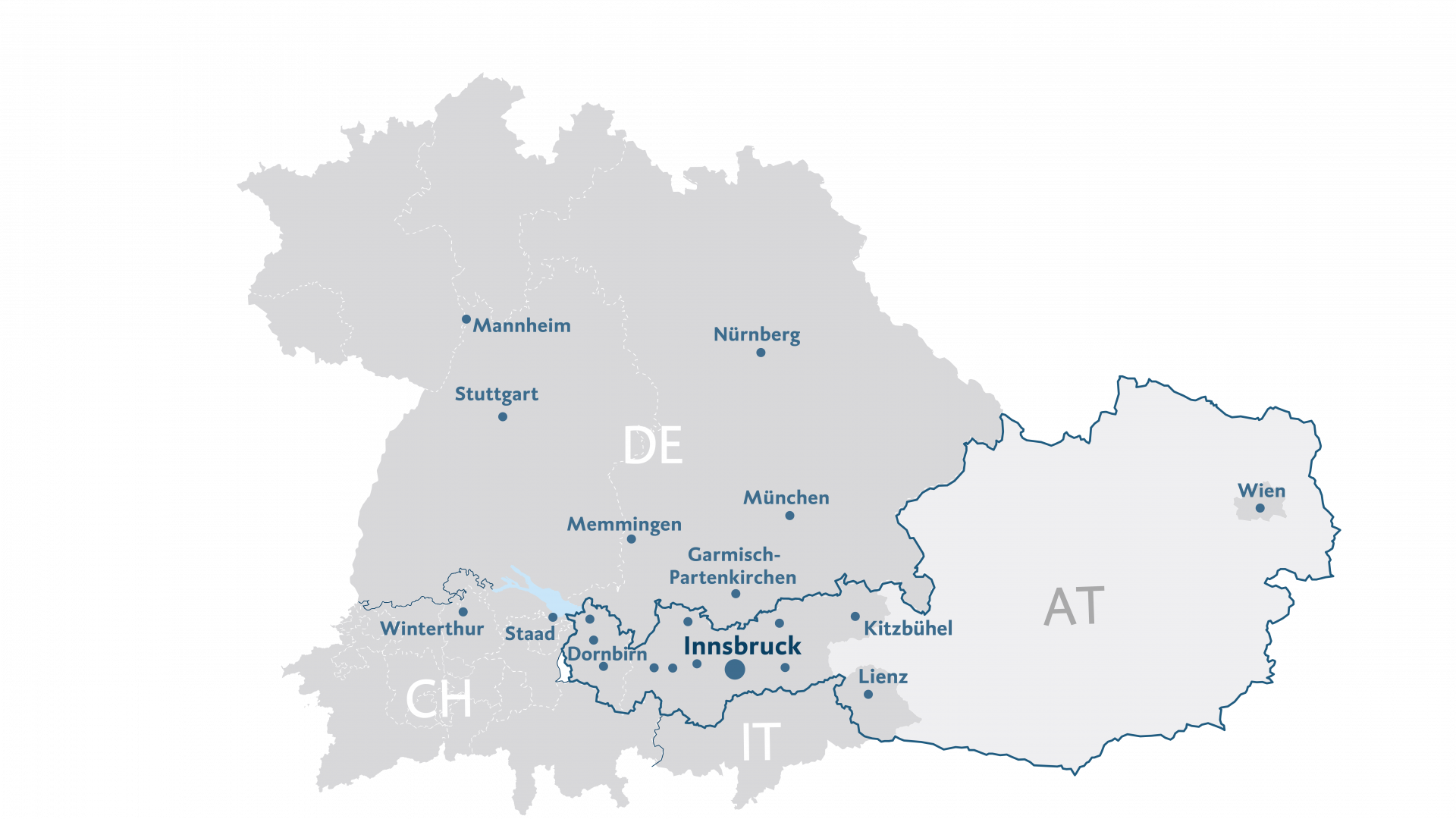 Ländergrafik mit dem Marktgebiet der BTV: Einige Standorte sind namentlich abgebildet und es befinden sich Punkte auf der Grafik, die Standorte der BTV in Bayern, Baden-Württemberg, Tirol, Vorarlberg, Wien, Südtirol und in der deutschsprachigen Schweiz markieren
